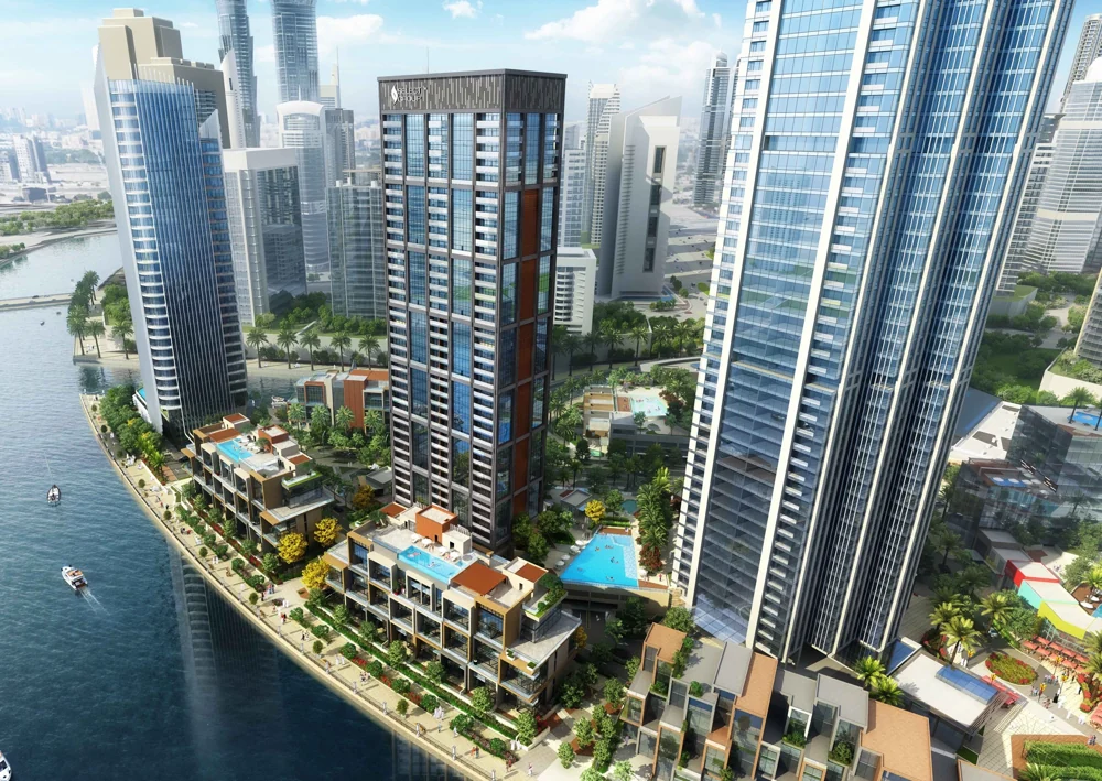 Peninsula Five — Tower and pool setting — Official developer rendering
