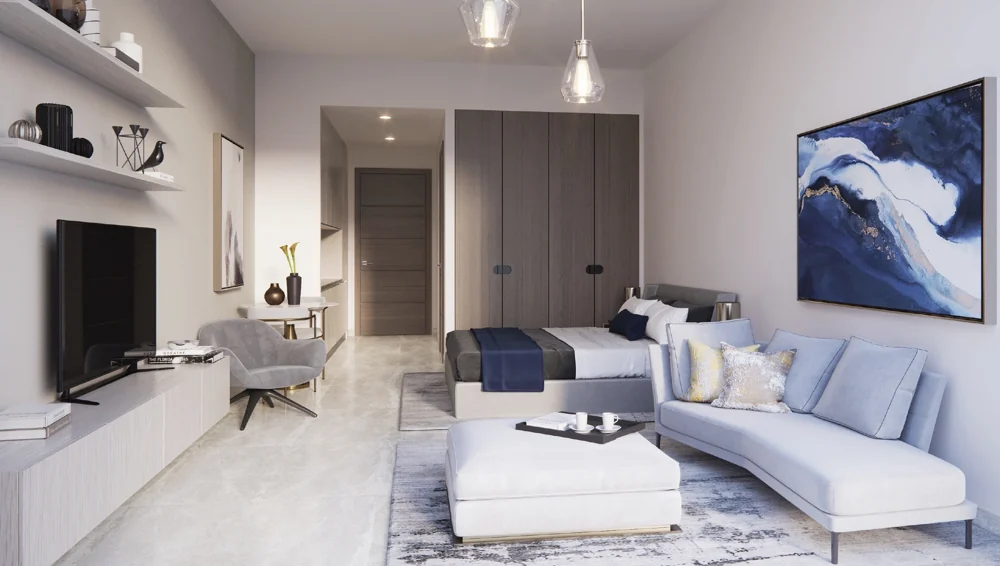 Peninsula Five — Tower residence living space — Official developer rendering