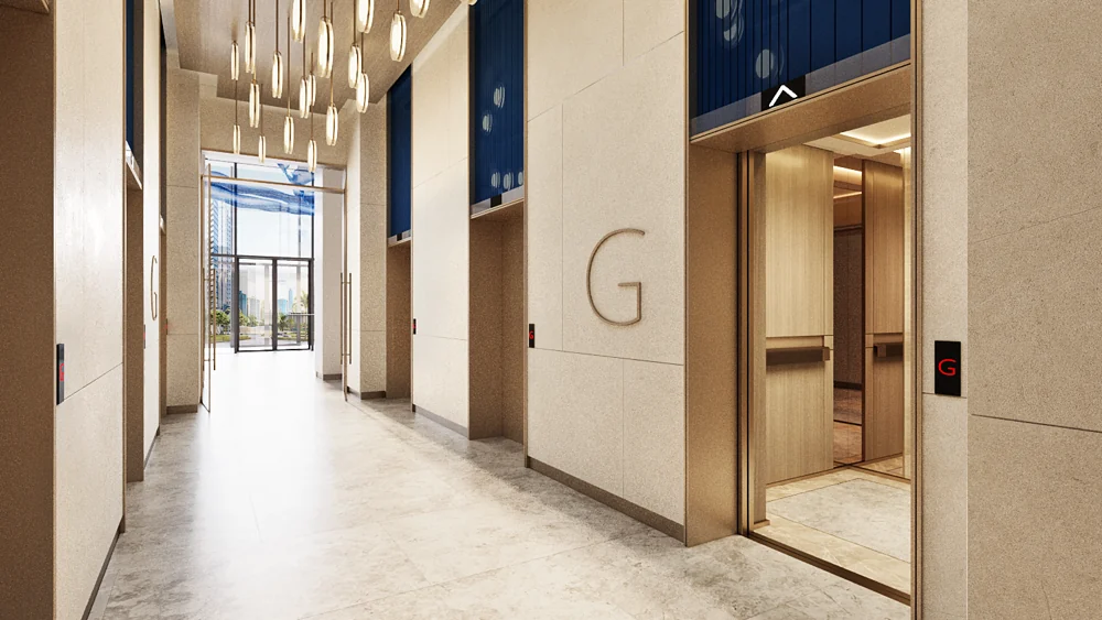 Peninsula Four — Ground-floor lift lobby — Official developer rendering