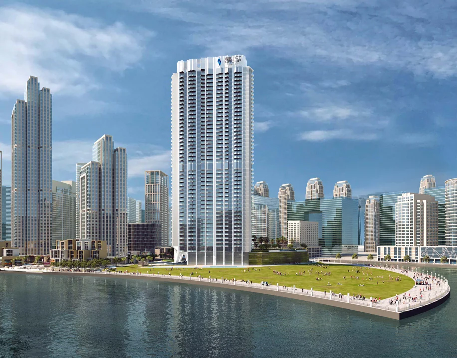 Peninsula Three — The canal-side setting — Official developer rendering