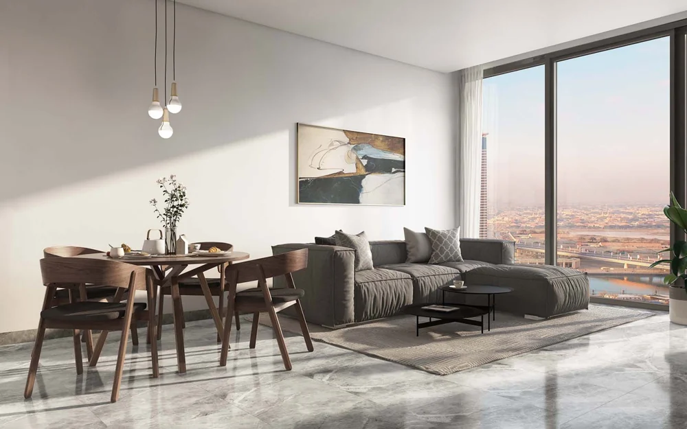 Peninsula Two — Living and dining — Official developer rendering