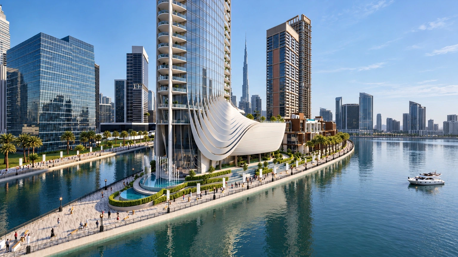 Jumeirah Living Business Bay waterfront architectural visualisation with curved façade and Dubai skyline