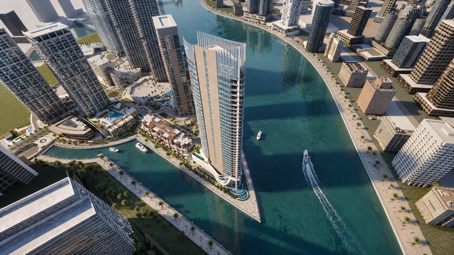 Aerial architectural visualisation of Jumeirah Living Business Bay and the surrounding Dubai Water Canal