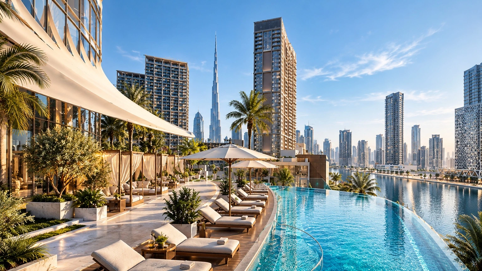 Jumeirah Living Business Bay pool visualisation overlooking Burj Khalifa and the waterfront