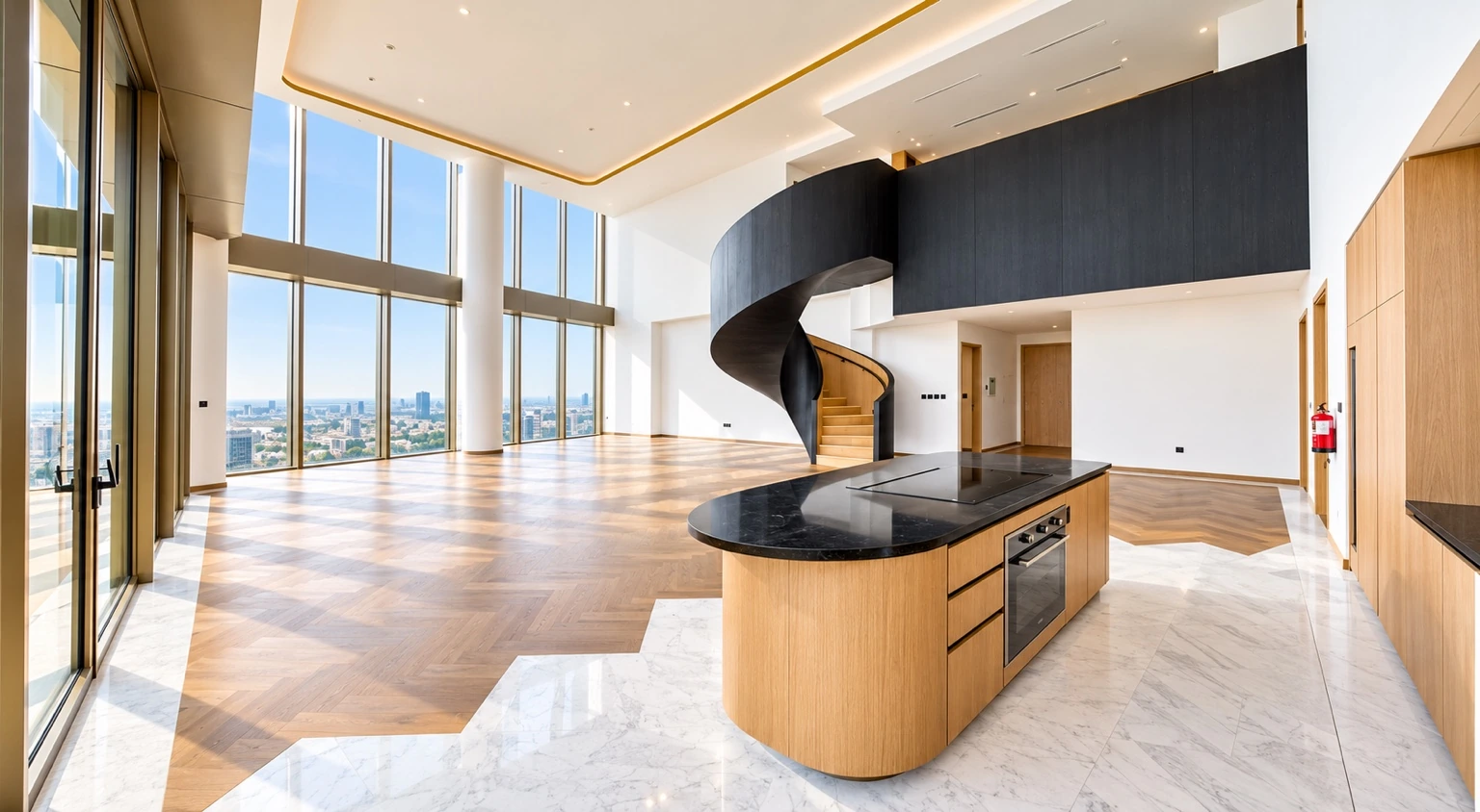 Luxury duplex interior with spiral staircase and kitchen island
