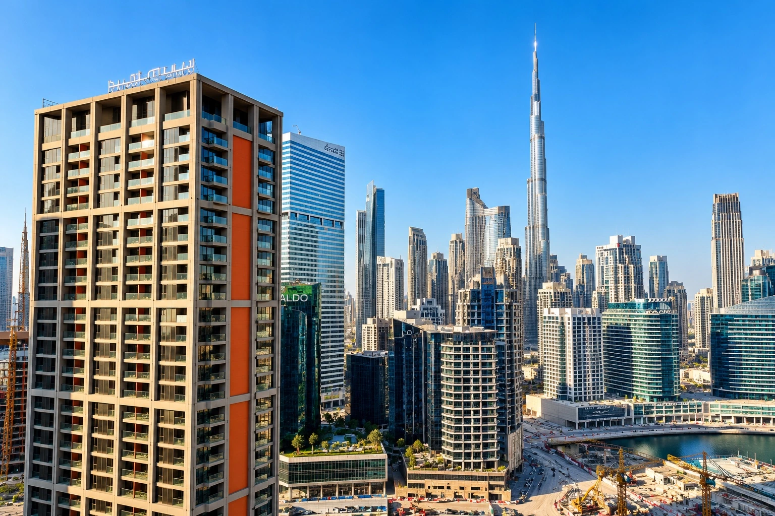 Peninsula waterfront towers and Burj Khalifa skyline