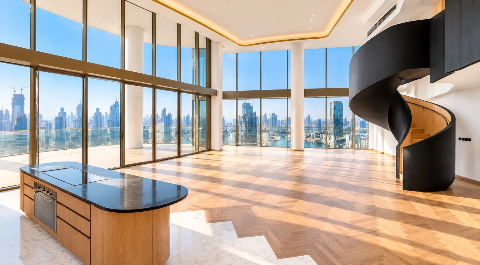 Luxury duplex interior with panoramic windows, waterfront views and spiral staircase