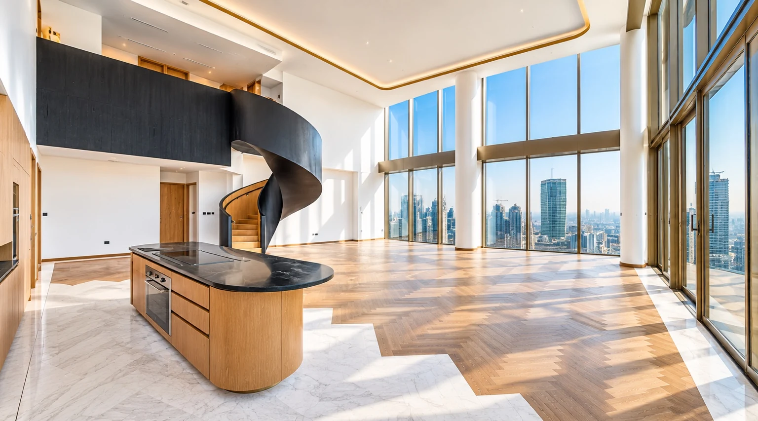 Five-bedroom duplex double-height living room and sculptural staircase