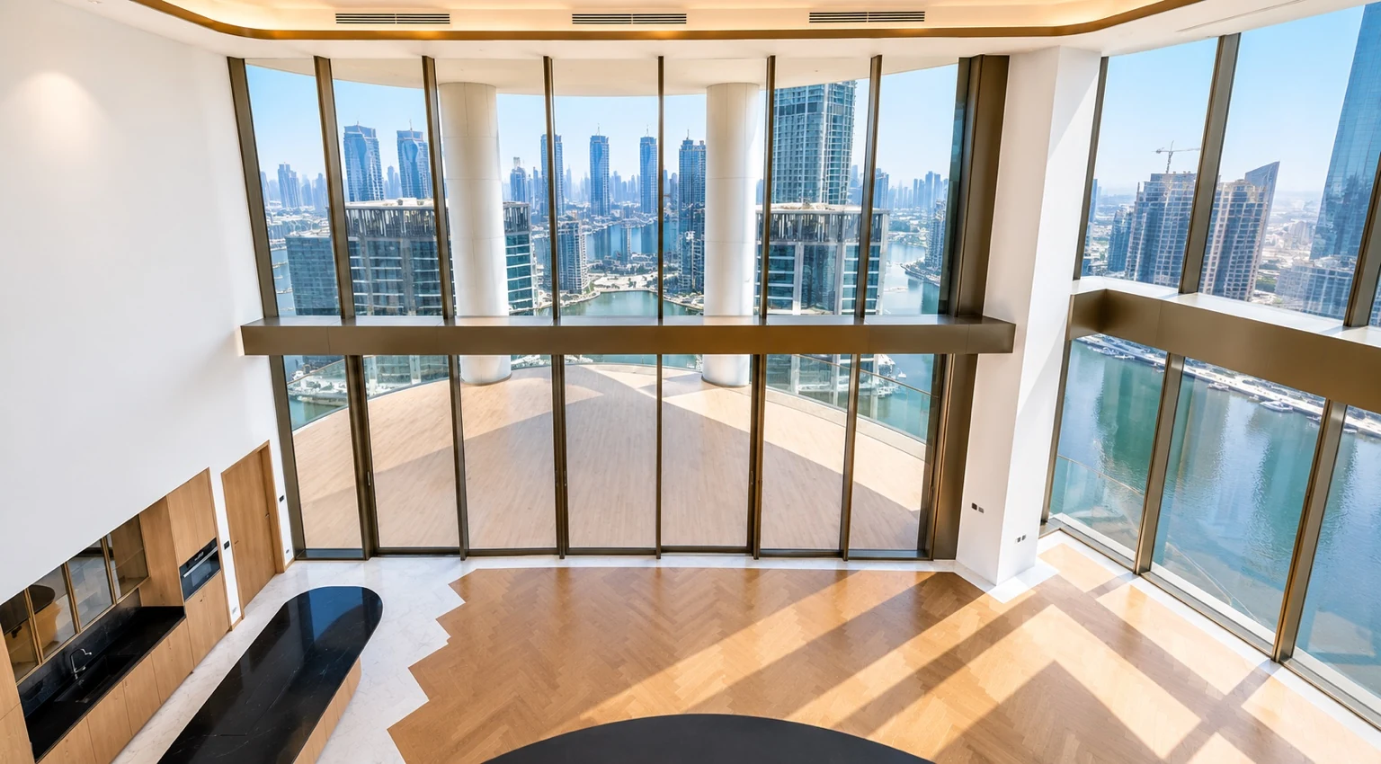 Duplex upper-level view of the double-height living room