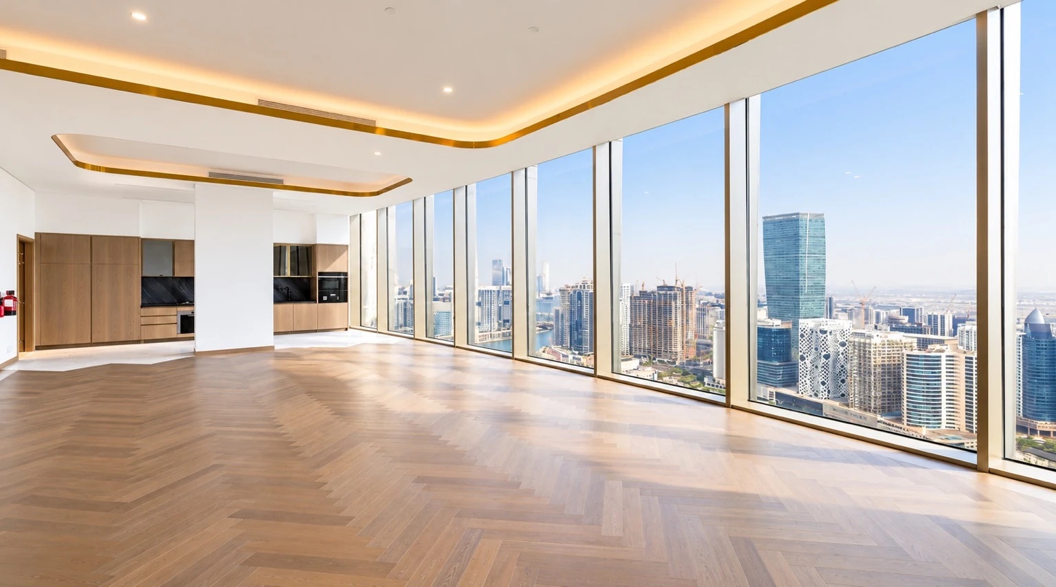Full-floor penthouse living room and skyline outlook