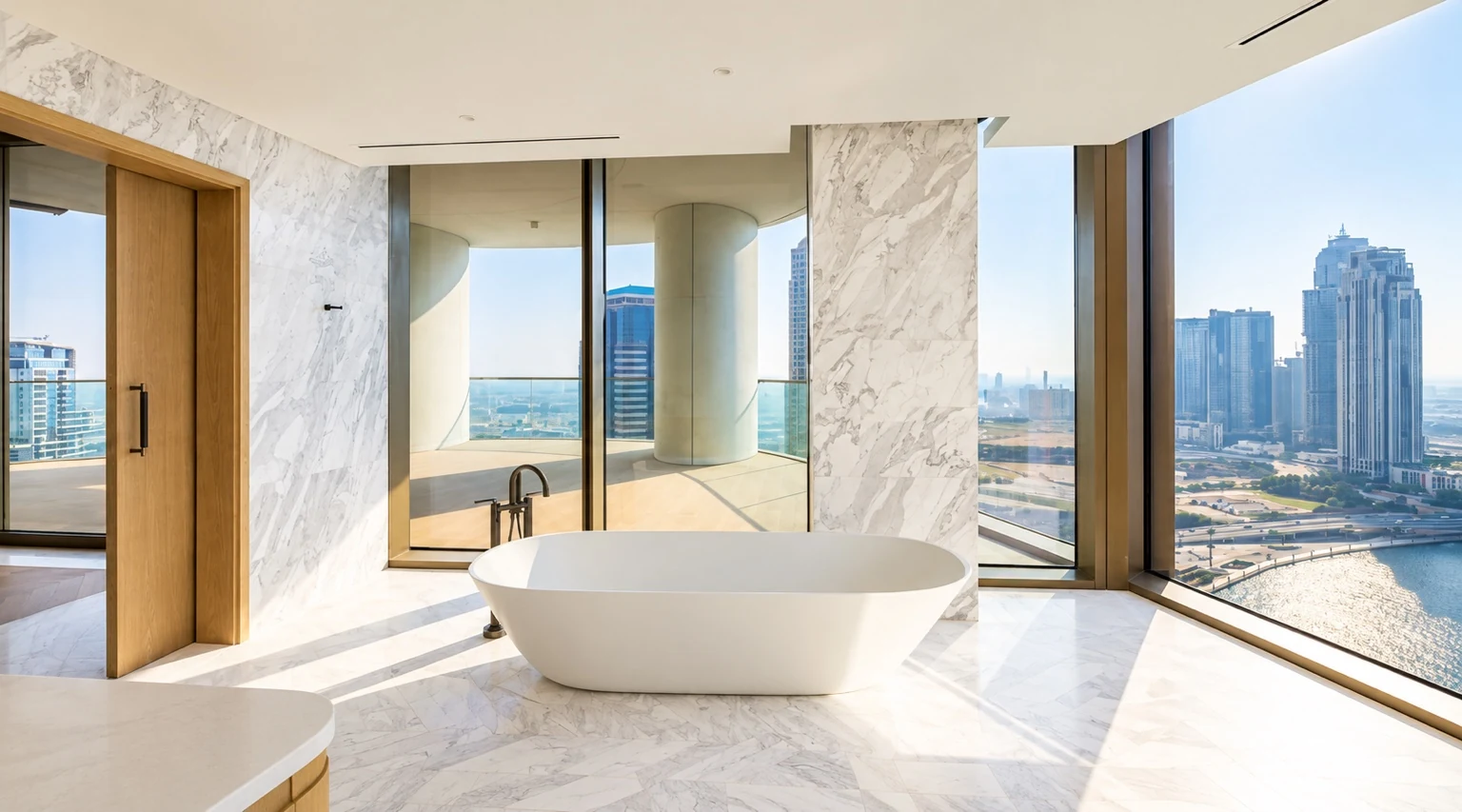 Full-floor penthouse bathroom with freestanding bath
