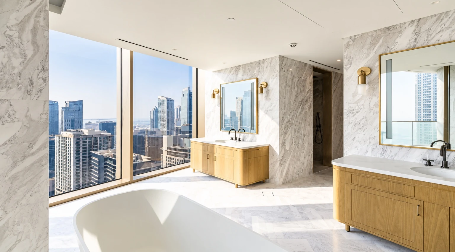 Full-floor penthouse bathroom and skyline view
